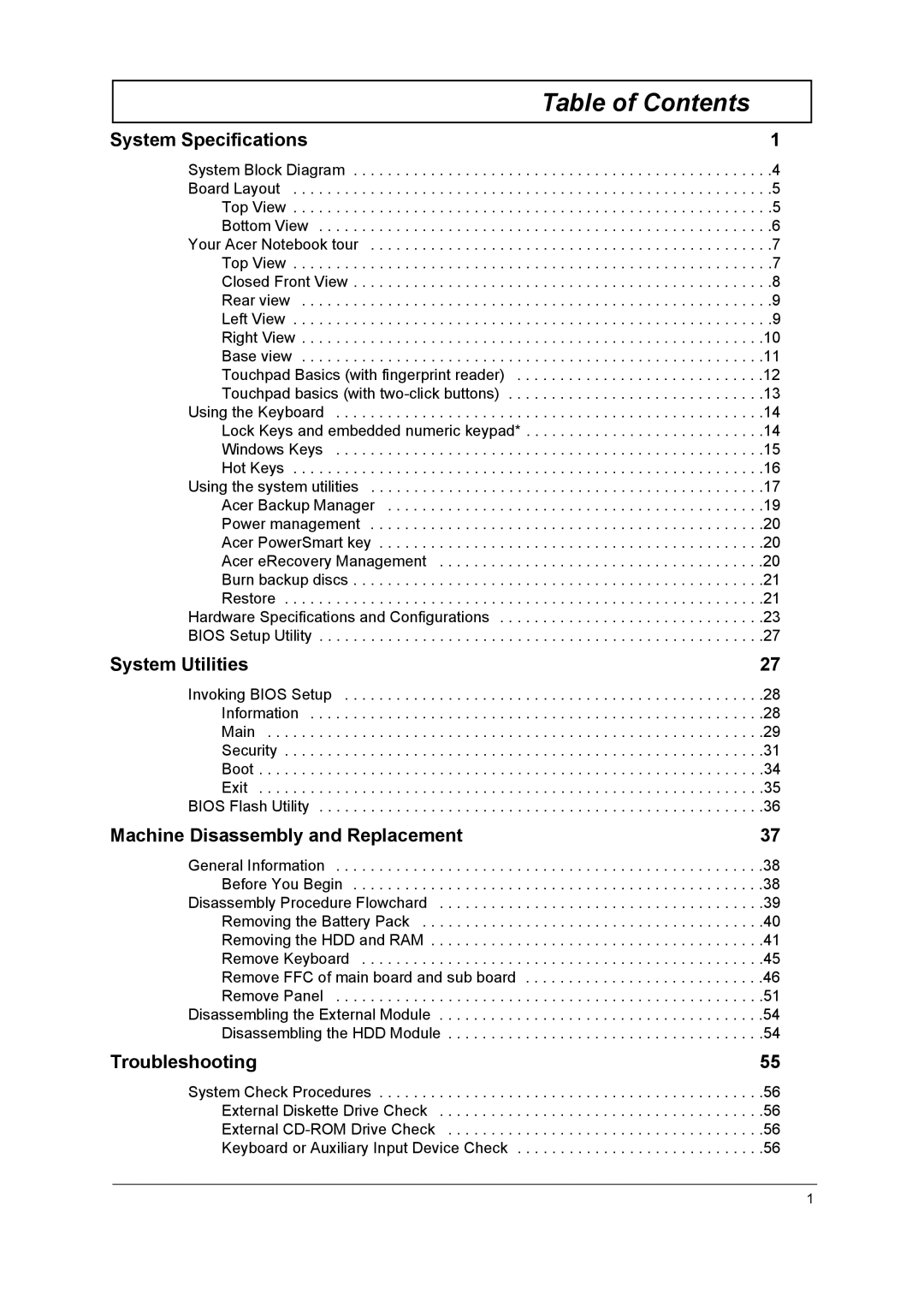 Acer 8531, 8571 manual Table of Contents 