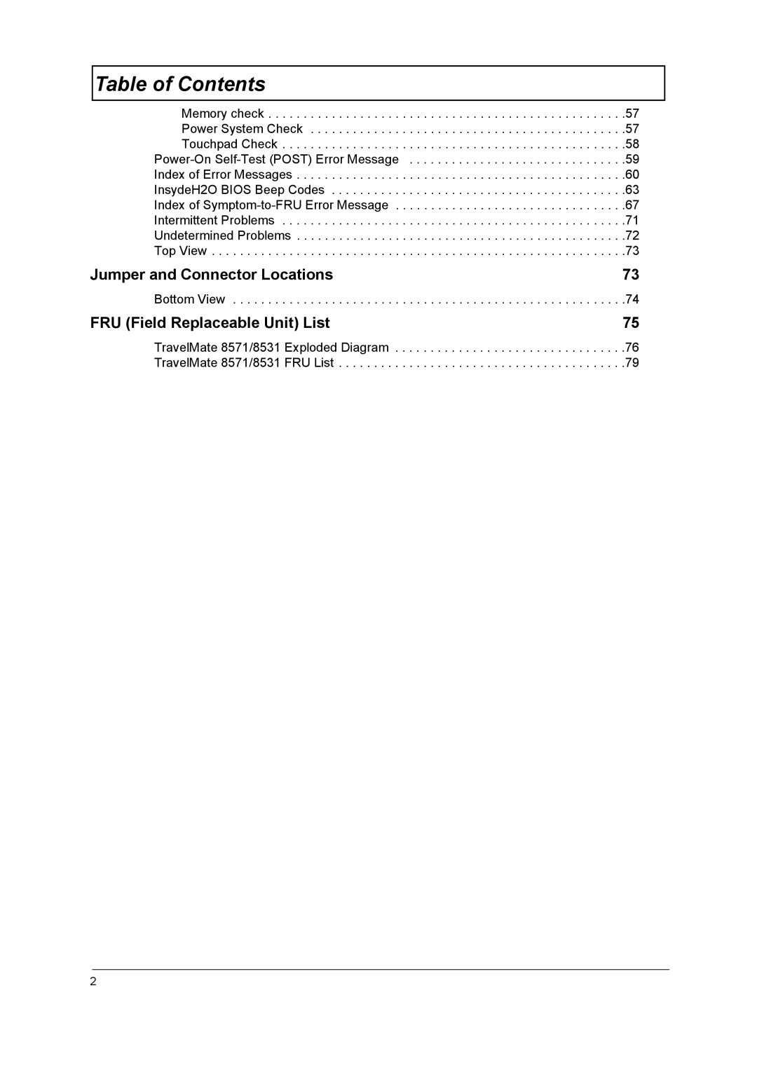 Acer 8571, 8531 manual Jumper and Connector Locations 