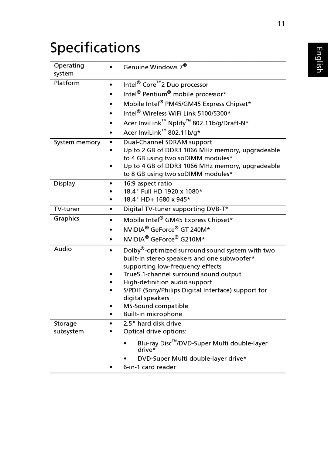 Acer 8735Z manual Specifications 