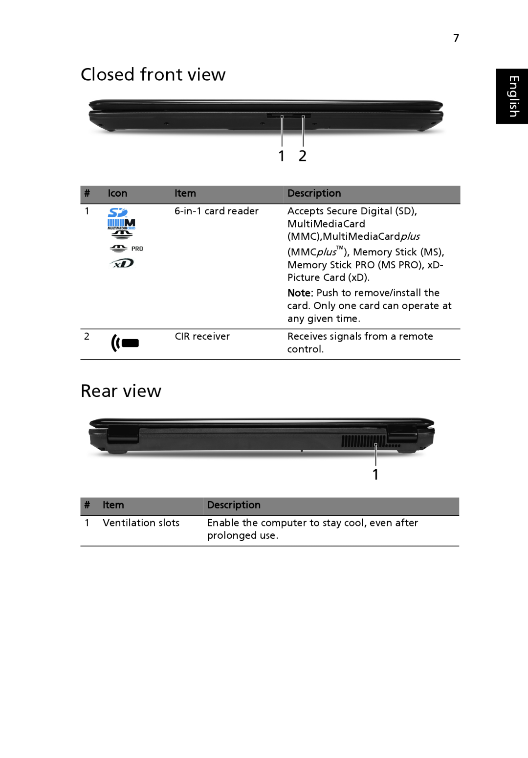 Acer 8735Z manual Closed front view, Rear view, English, # Icon, Description 