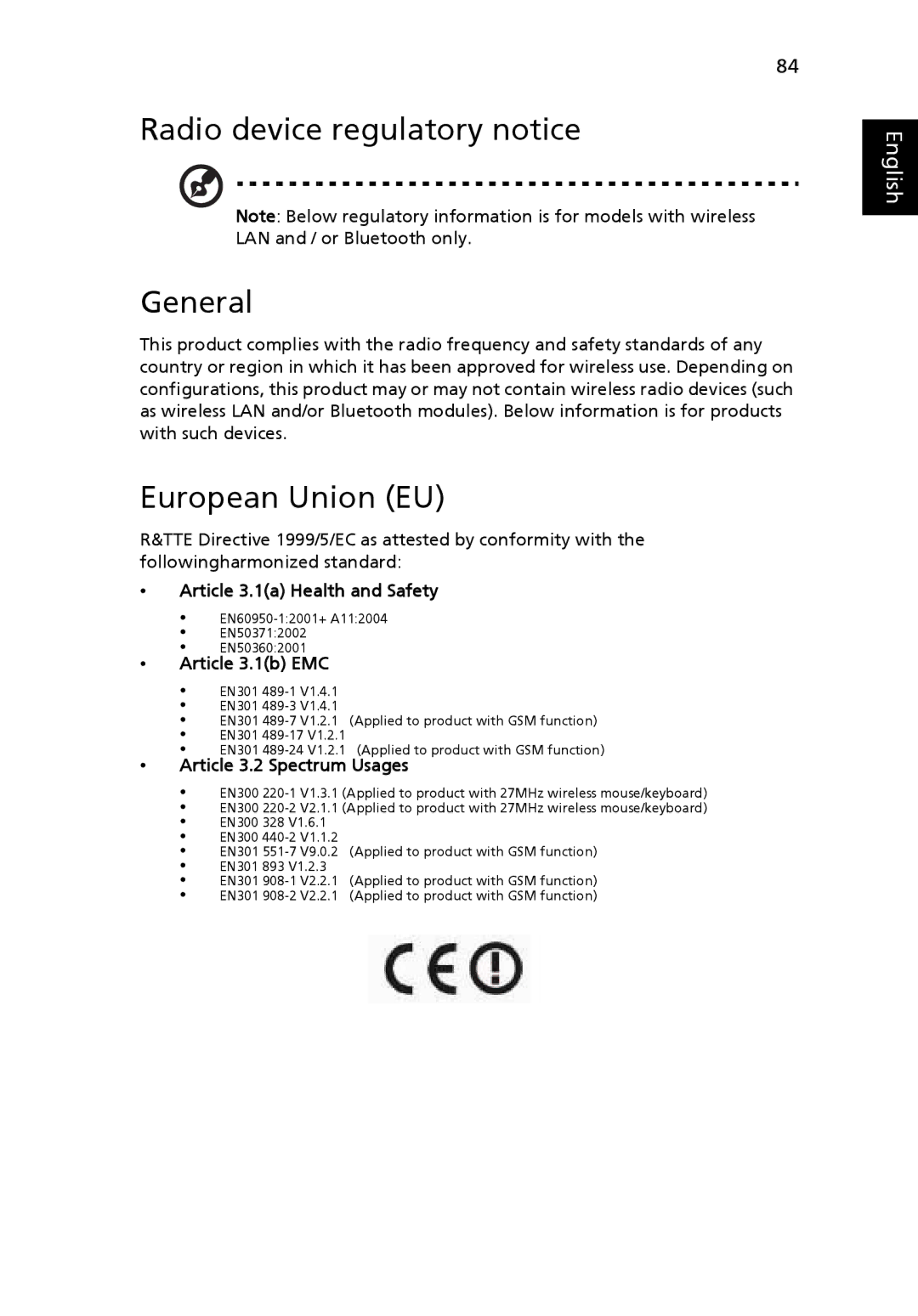 Acer LE1 manual Radio device regulatory notice General, European Union EU, Article 3.1a Health and Safety, Article 3.1b EMC 