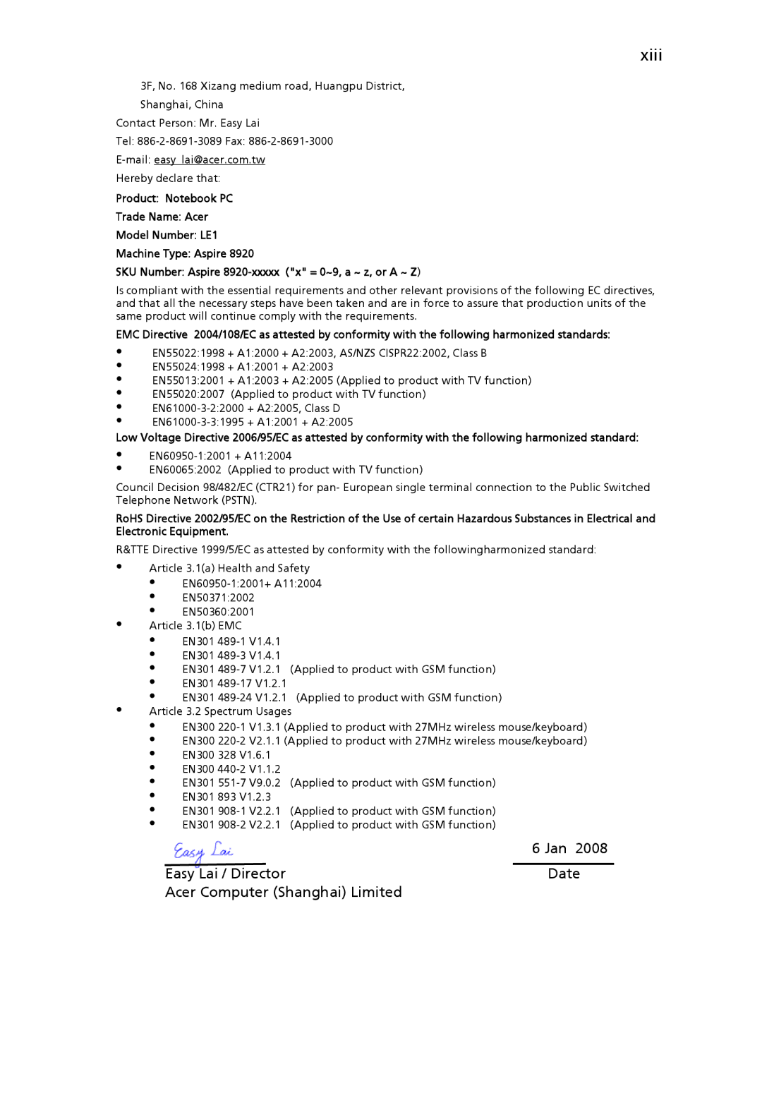 Acer LE1, 8920 Series manual Xiii 