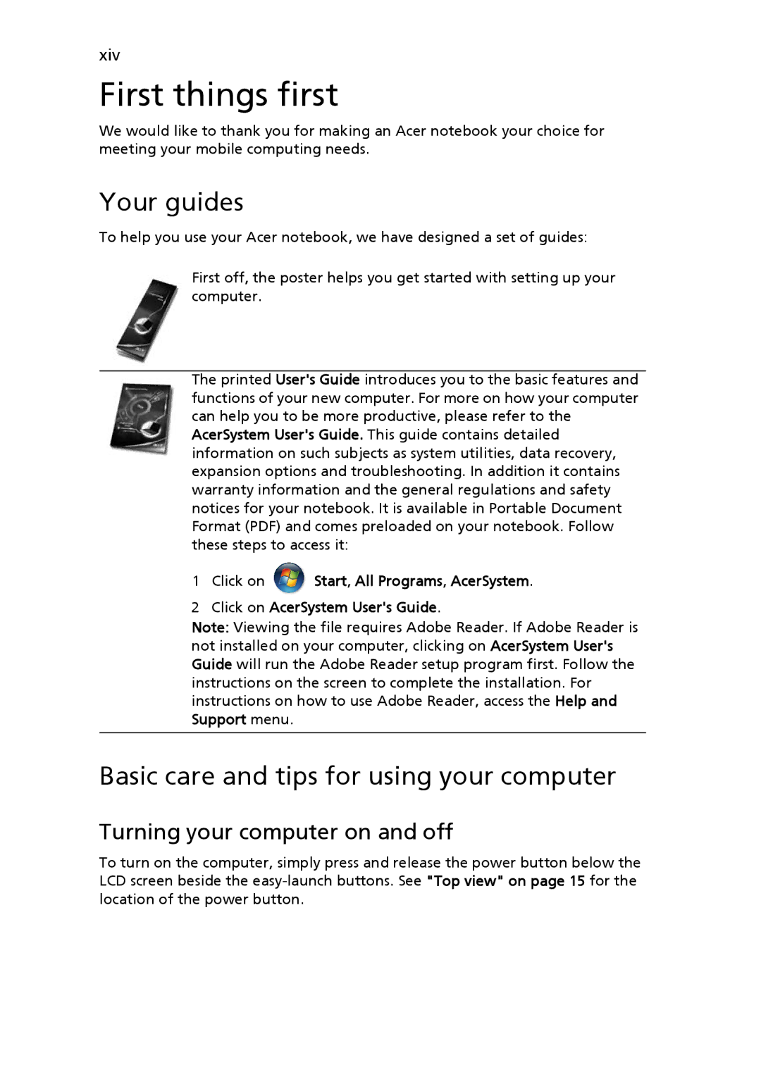 Acer 8920 Series, LE1 manual First things first, Your guides, Basic care and tips for using your computer 