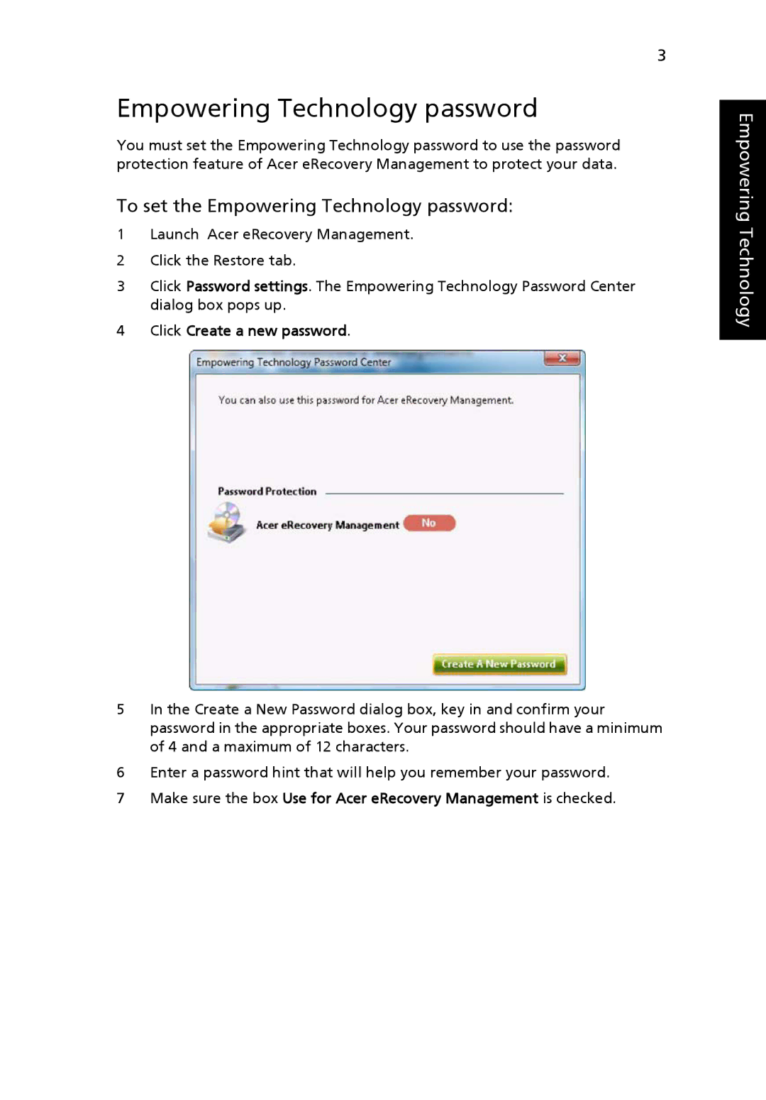 Acer LE1, 8920 Series manual To set the Empowering Technology password, Click Create a new password 