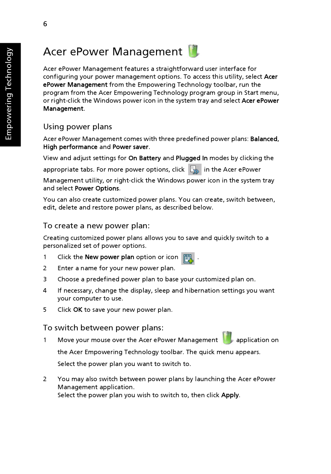 Acer 8920 Series, LE1 Acer ePower Management, Using power plans, To create a new power plan, To switch between power plans 