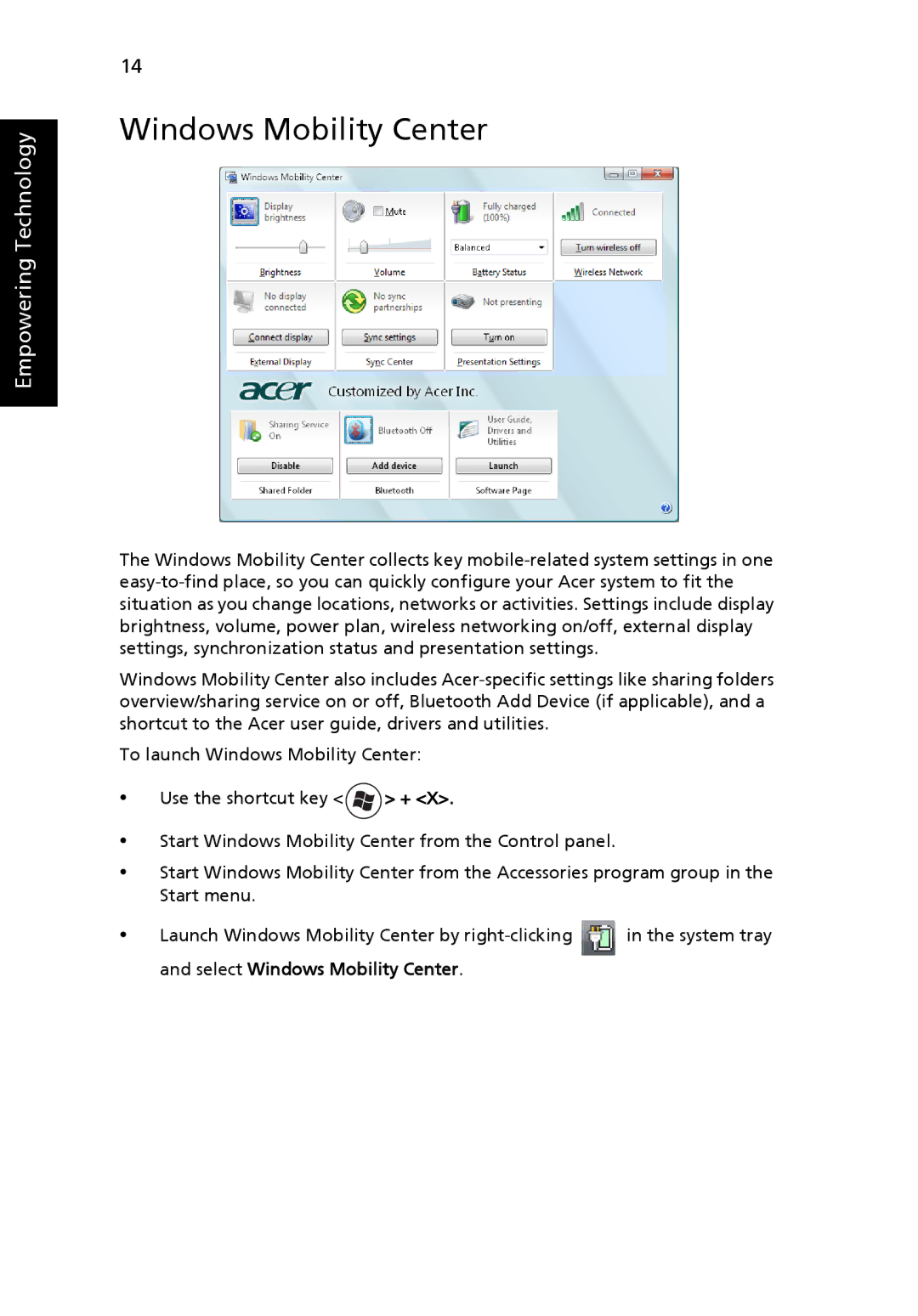 Acer 8920 Series, LE1 manual Windows Mobility Center 