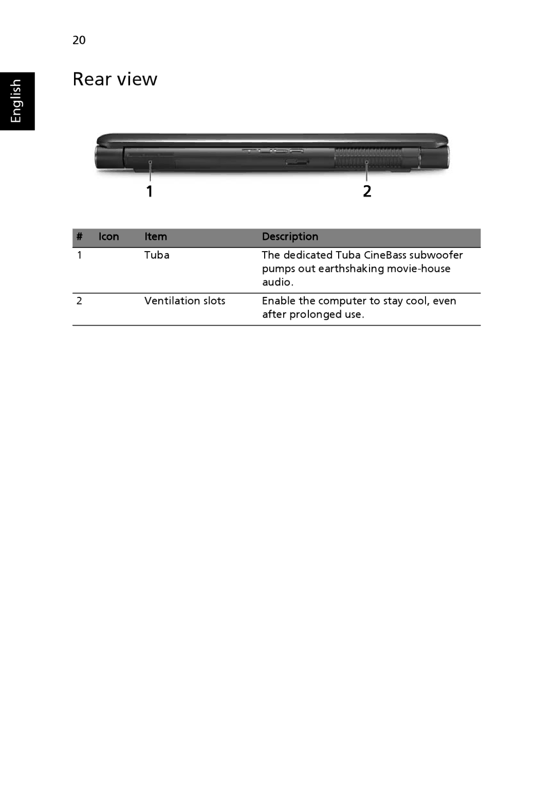 Acer 8920 Series, LE1 manual Rear view, # Icon Description 