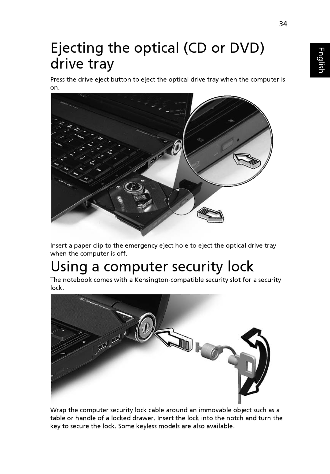 Acer LE1, 8920 Series manual Ejecting the optical CD or DVD drive tray, Using a computer security lock 