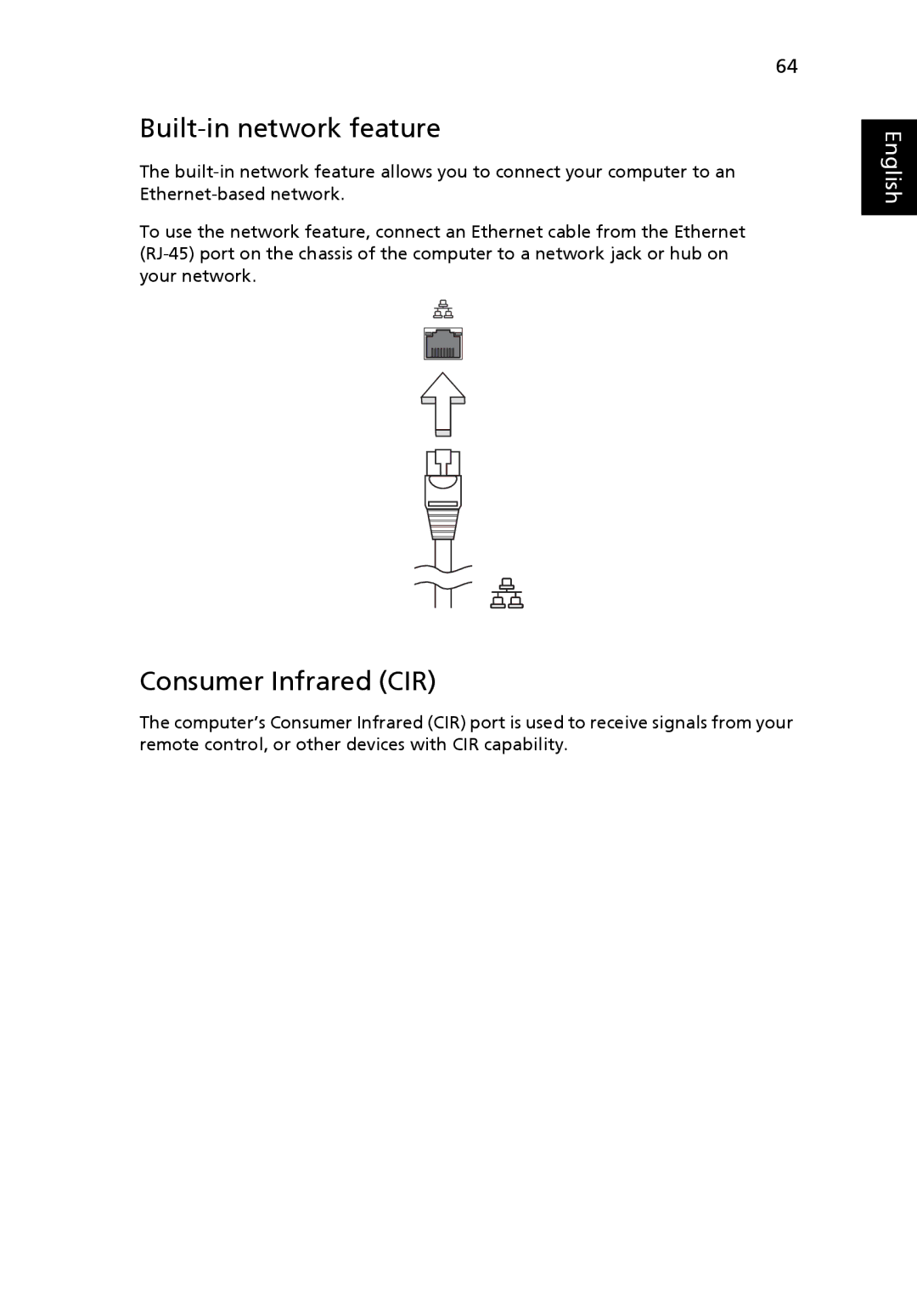 Acer LE1, 8920 Series manual Built-in network feature, Consumer Infrared CIR 