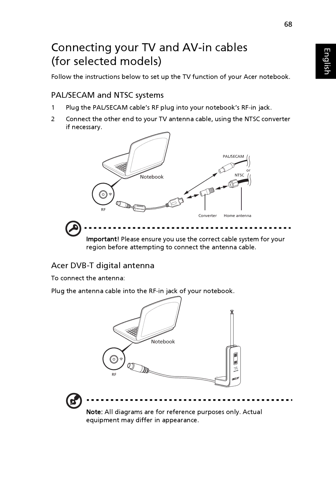 Acer LE1 Connecting your TV and AV-in cables for selected models, PAL/SECAM and Ntsc systems, Acer DVB-T digital antenna 