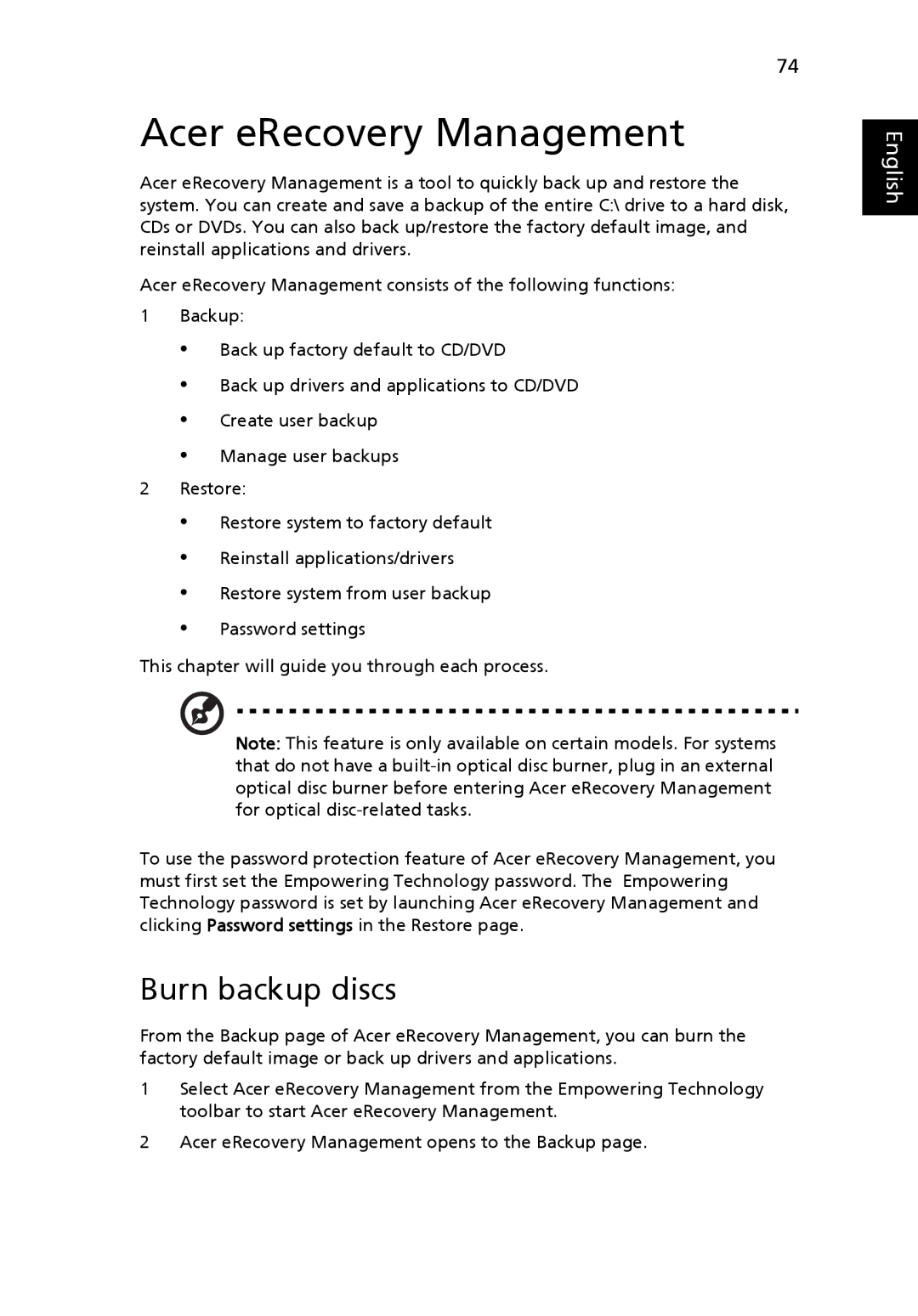 Acer LE1, 8920 Series manual Acer eRecovery Management, Burn backup discs 