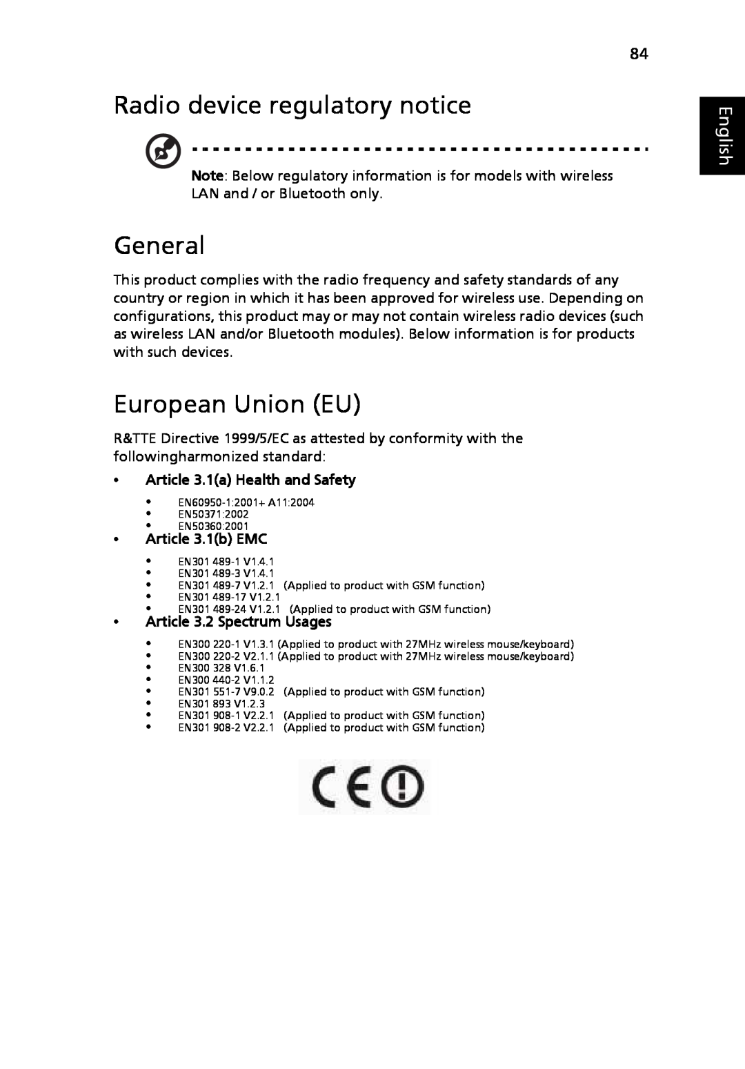 Acer LE1, 8920 Series Radio device regulatory notice, General, European Union EU, English, Article 3.1a Health and Safety 
