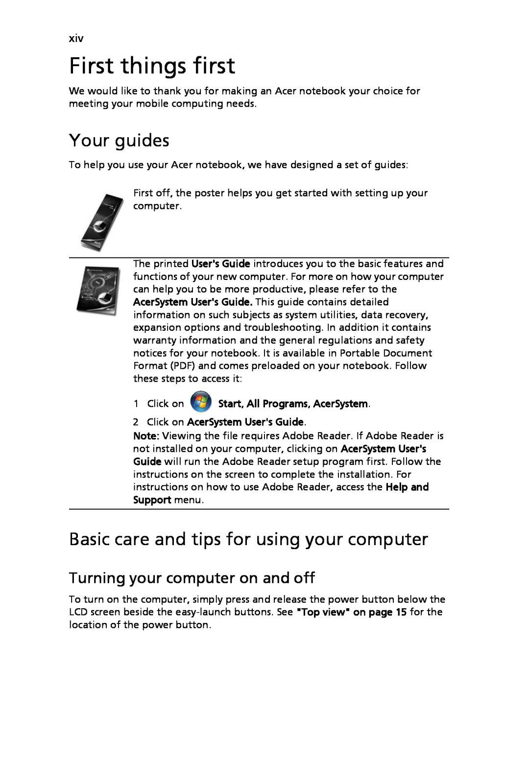 Acer 8920 Series, LE1 manual First things first, Your guides, Basic care and tips for using your computer 