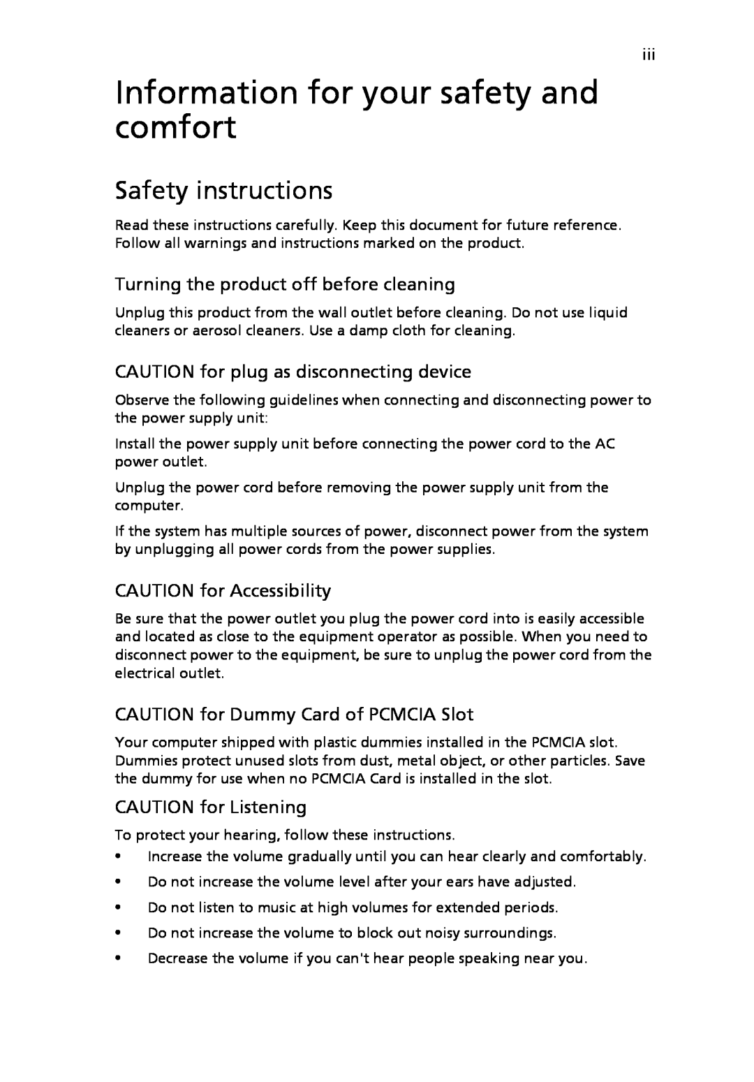 Acer LE1 manual Information for your safety and comfort, Safety instructions, Turning the product off before cleaning 