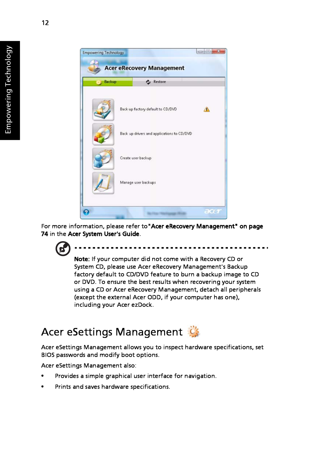 Acer 8920 Series, LE1 manual Acer eSettings Management, Empowering Technology 