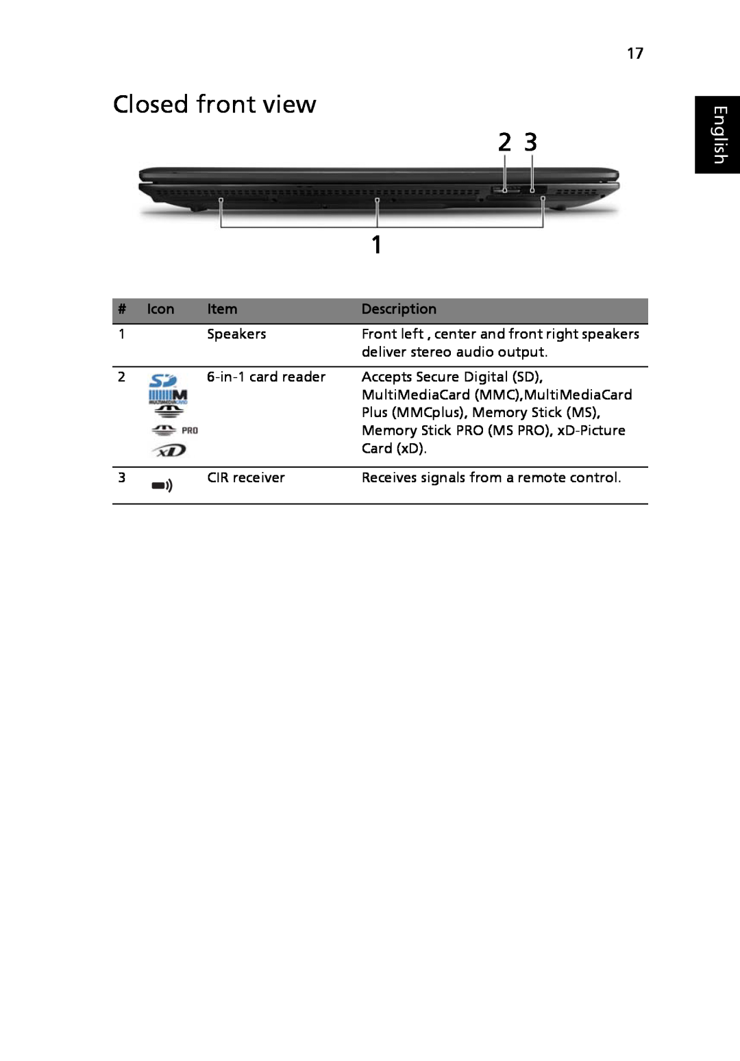 Acer LE1, 8920 Series manual Closed front view, English, # Icon, Description 