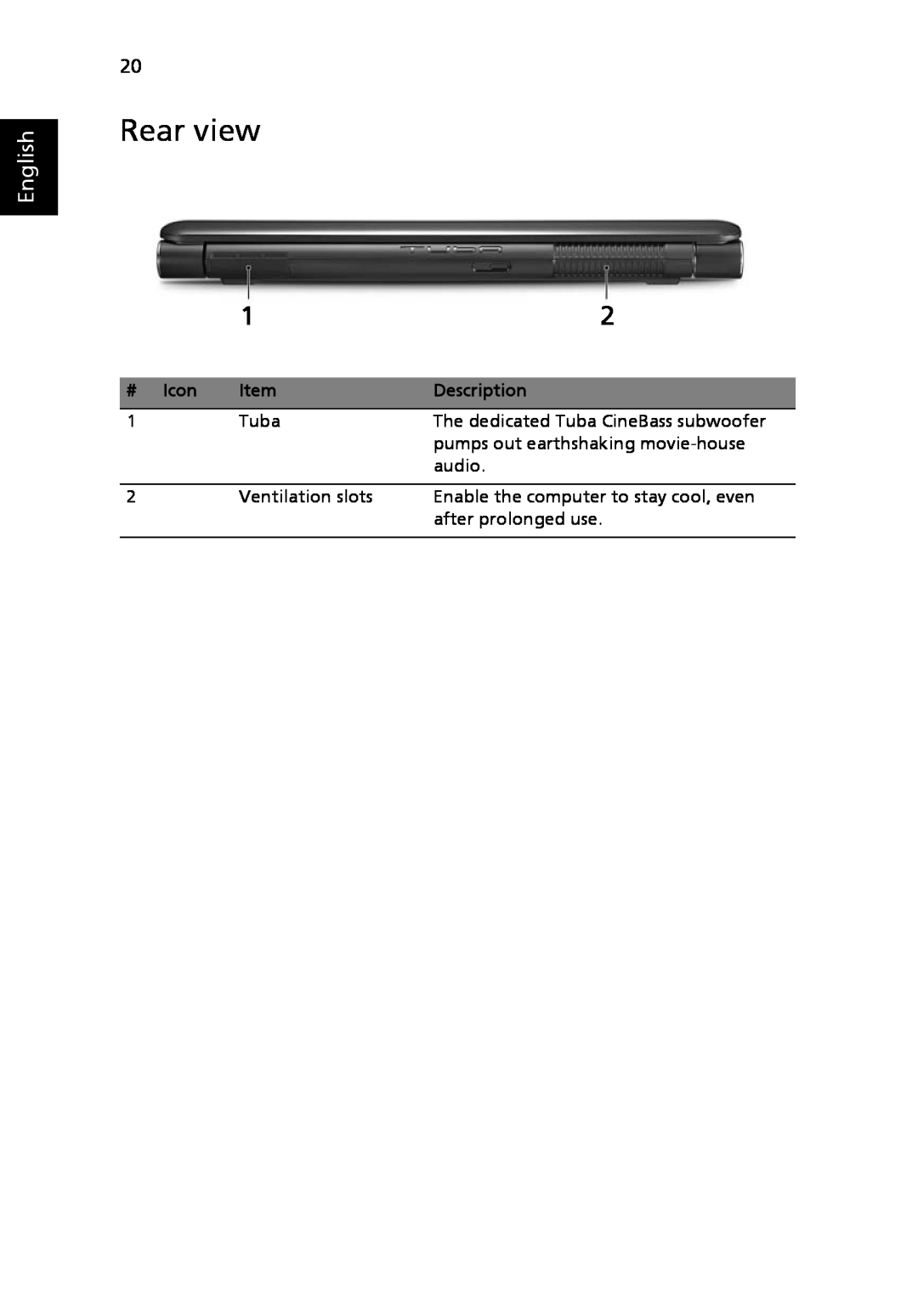 Acer 8920 Series, LE1 manual Rear view, English, # Icon, Description 