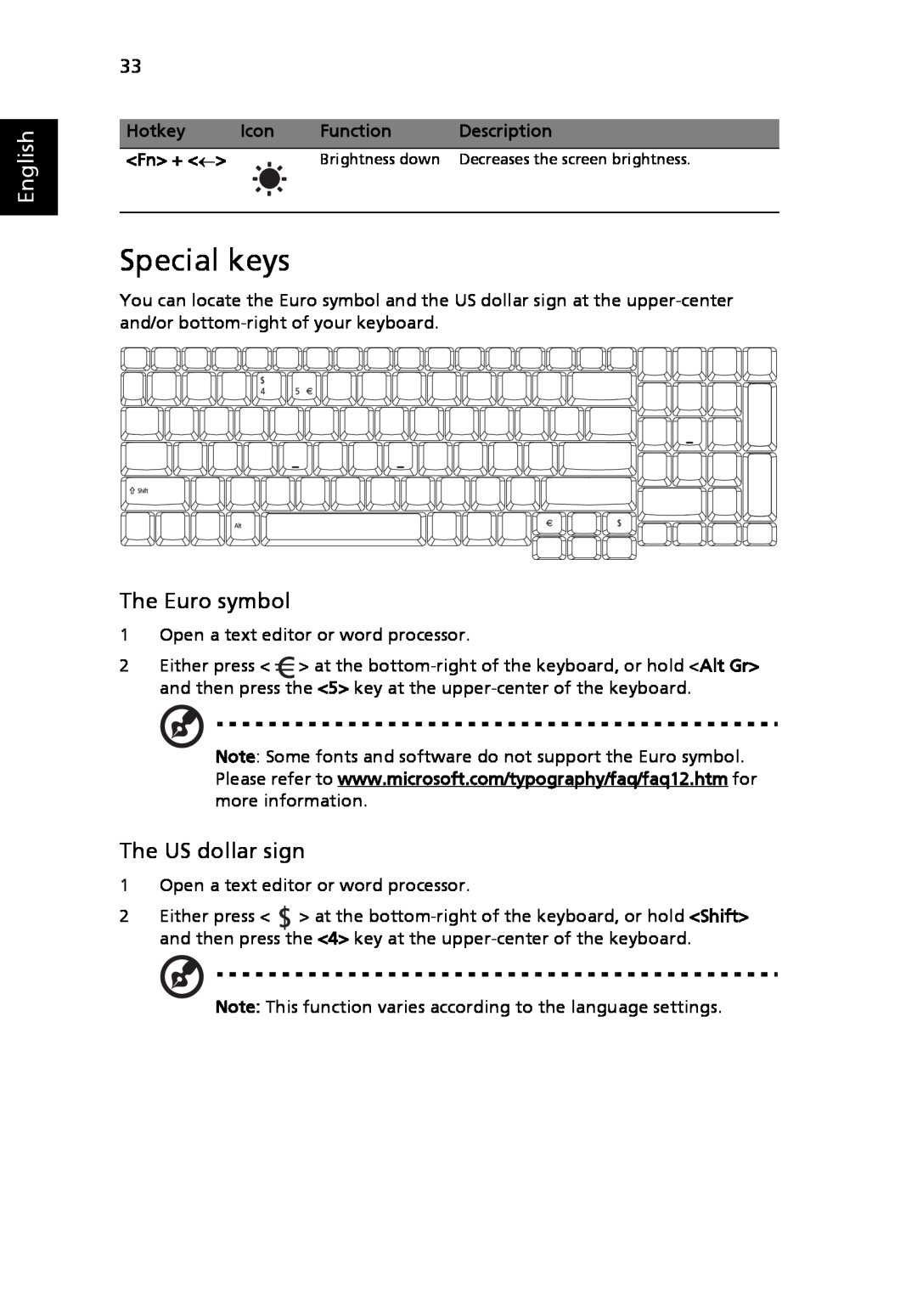 Acer 8920 Series Special keys, The Euro symbol, The US dollar sign, English, Hotkey, Icon, Function, Description, Fn + ← 
