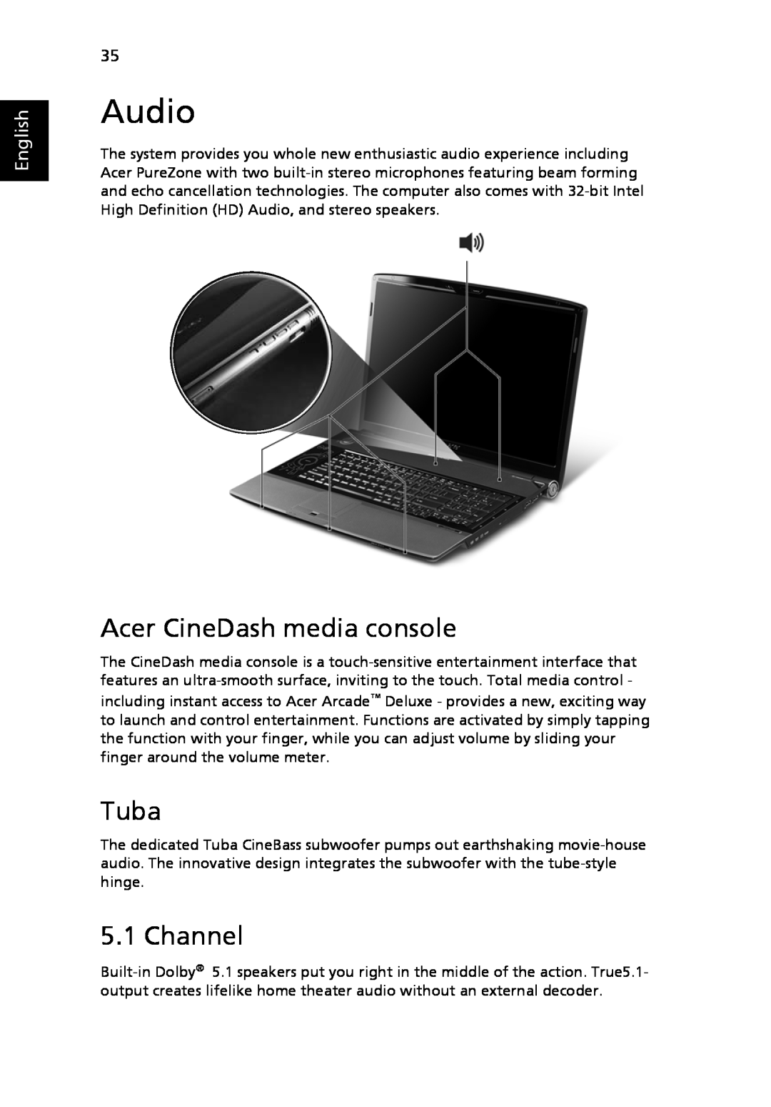 Acer 8920 Series, LE1 manual Audio, Acer CineDash media console, Tuba, Channel, English 