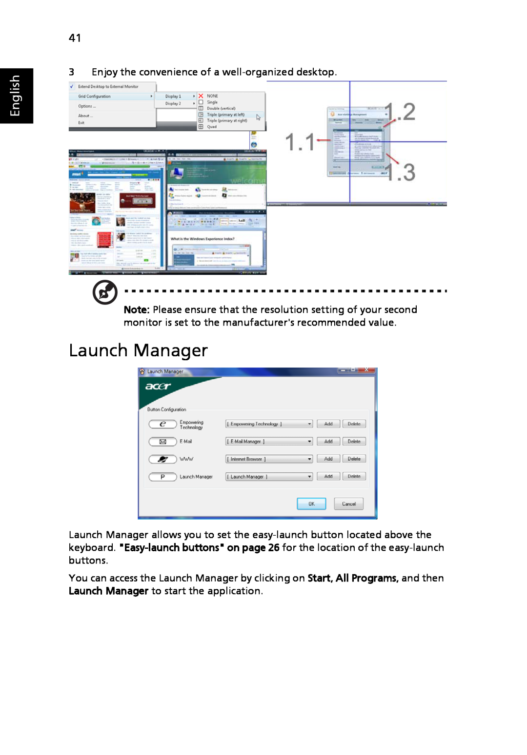 Acer 8920 Series, LE1 manual Launch Manager, English 