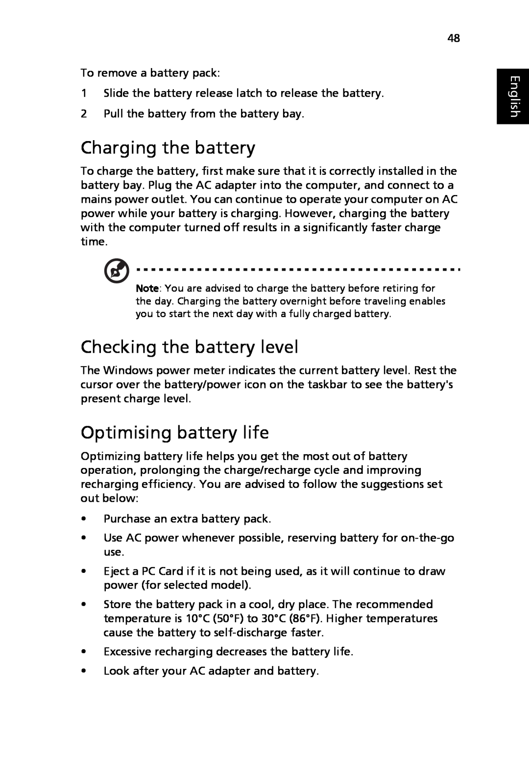 Acer LE1, 8920 Series manual Charging the battery, Checking the battery level, Optimising battery life, English 