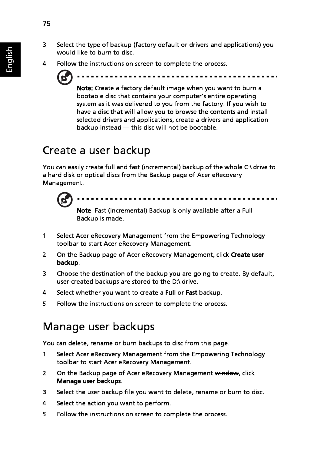 Acer 8920 Series, LE1 manual Create a user backup, Manage user backups, English 