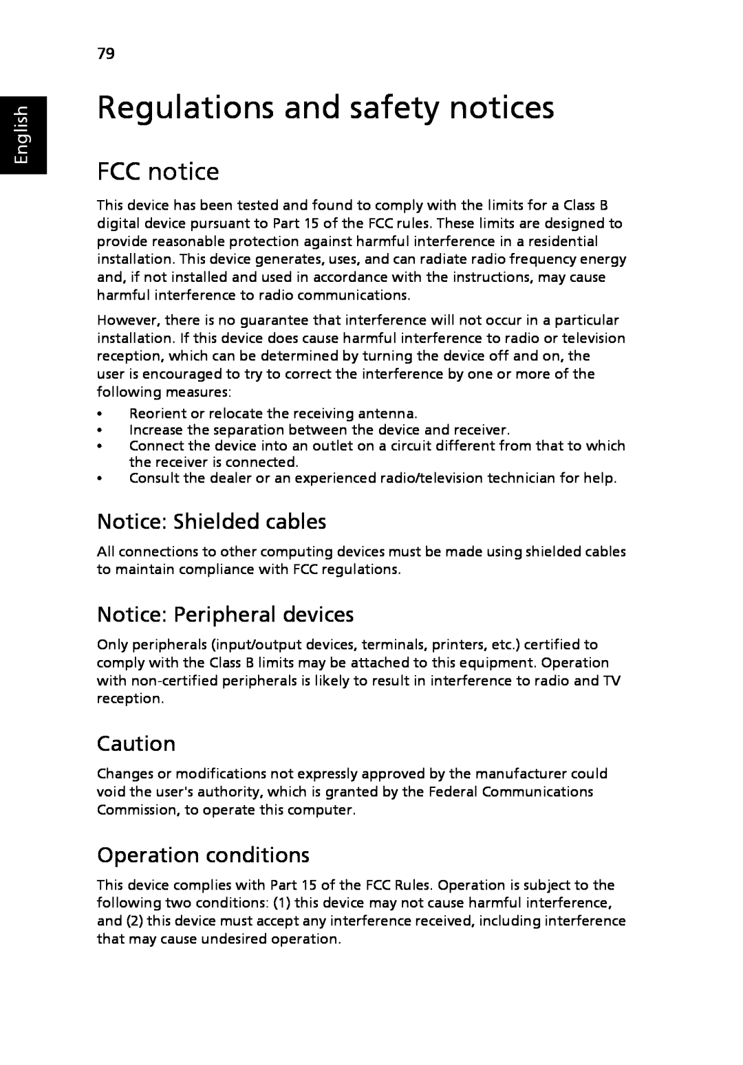 Acer 8920 Series Regulations and safety notices, FCC notice, Notice Shielded cables, Notice Peripheral devices, English 