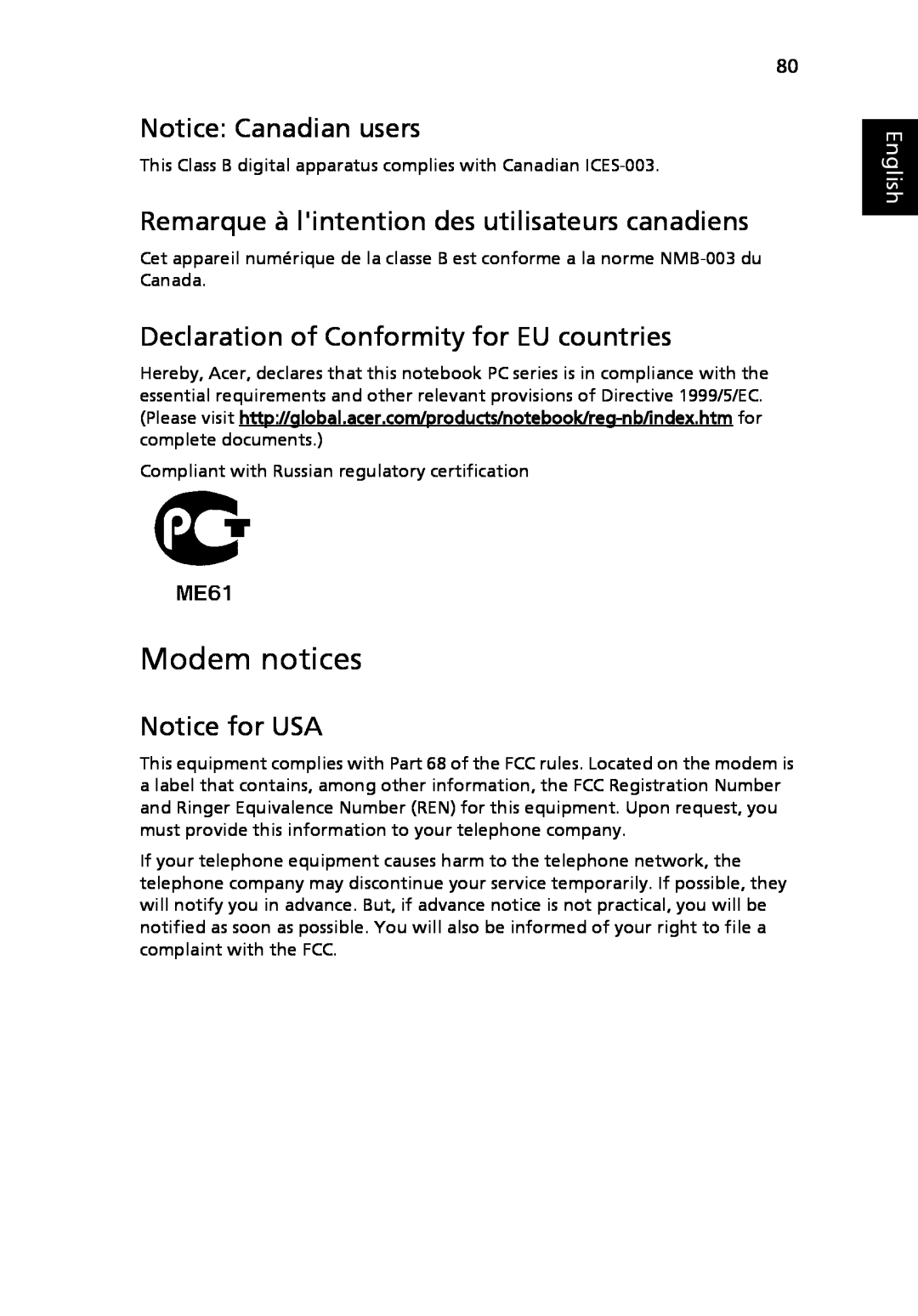Acer LE1 Modem notices, Notice Canadian users, Remarque à lintention des utilisateurs canadiens, Notice for USA, English 