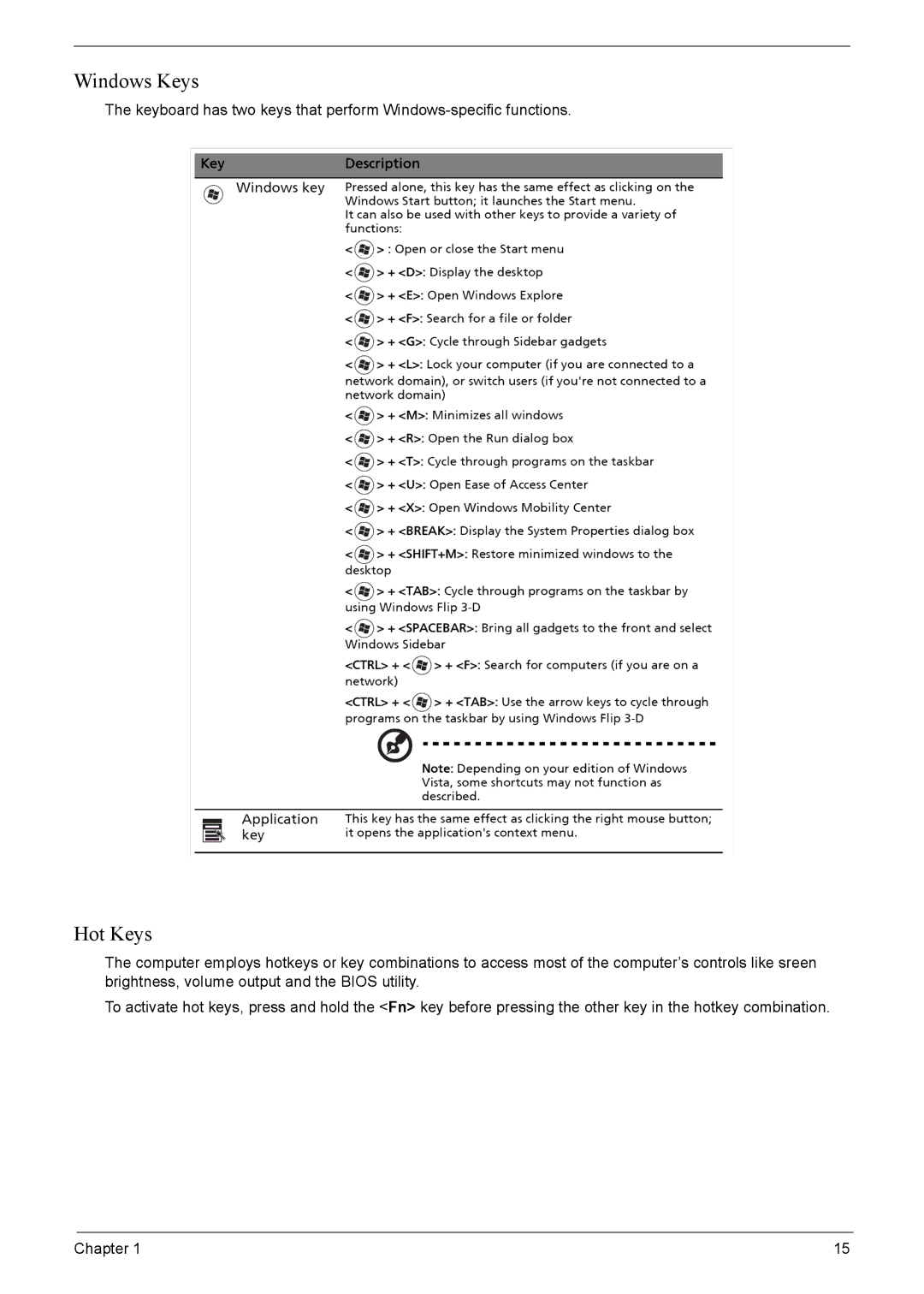 Acer 8920 manual Windows Keys, Hot Keys 