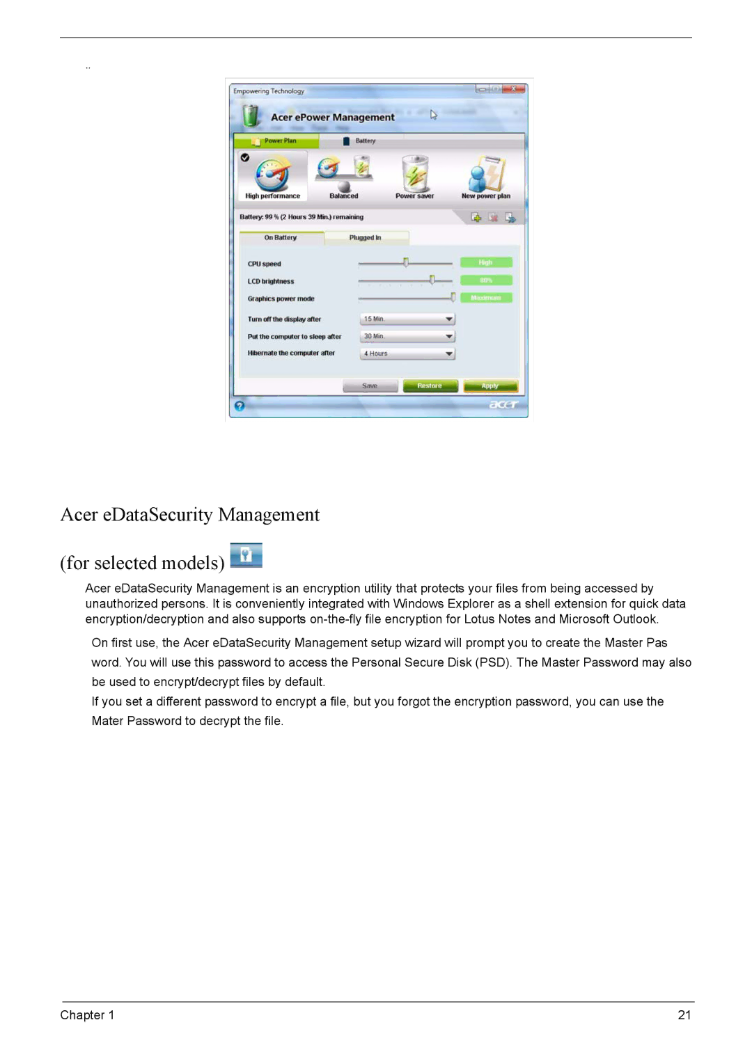 Acer 8920 manual Acer eDataSecurity Management For selected models 