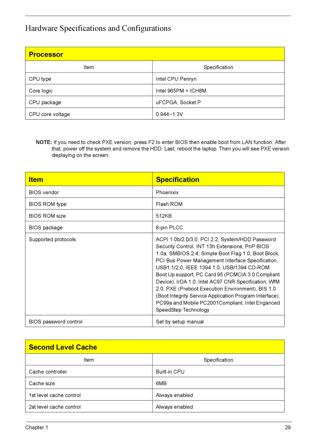 Acer 8920 manual Hardware Specifications and Configurations, Processor 