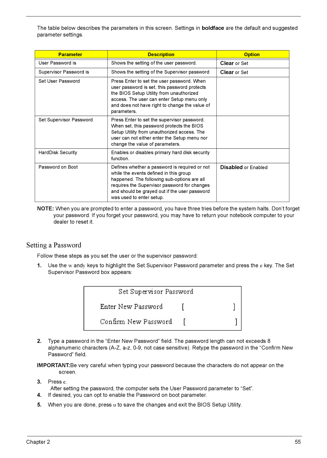 Acer 8920 manual Setting a Password, Clear or Set 