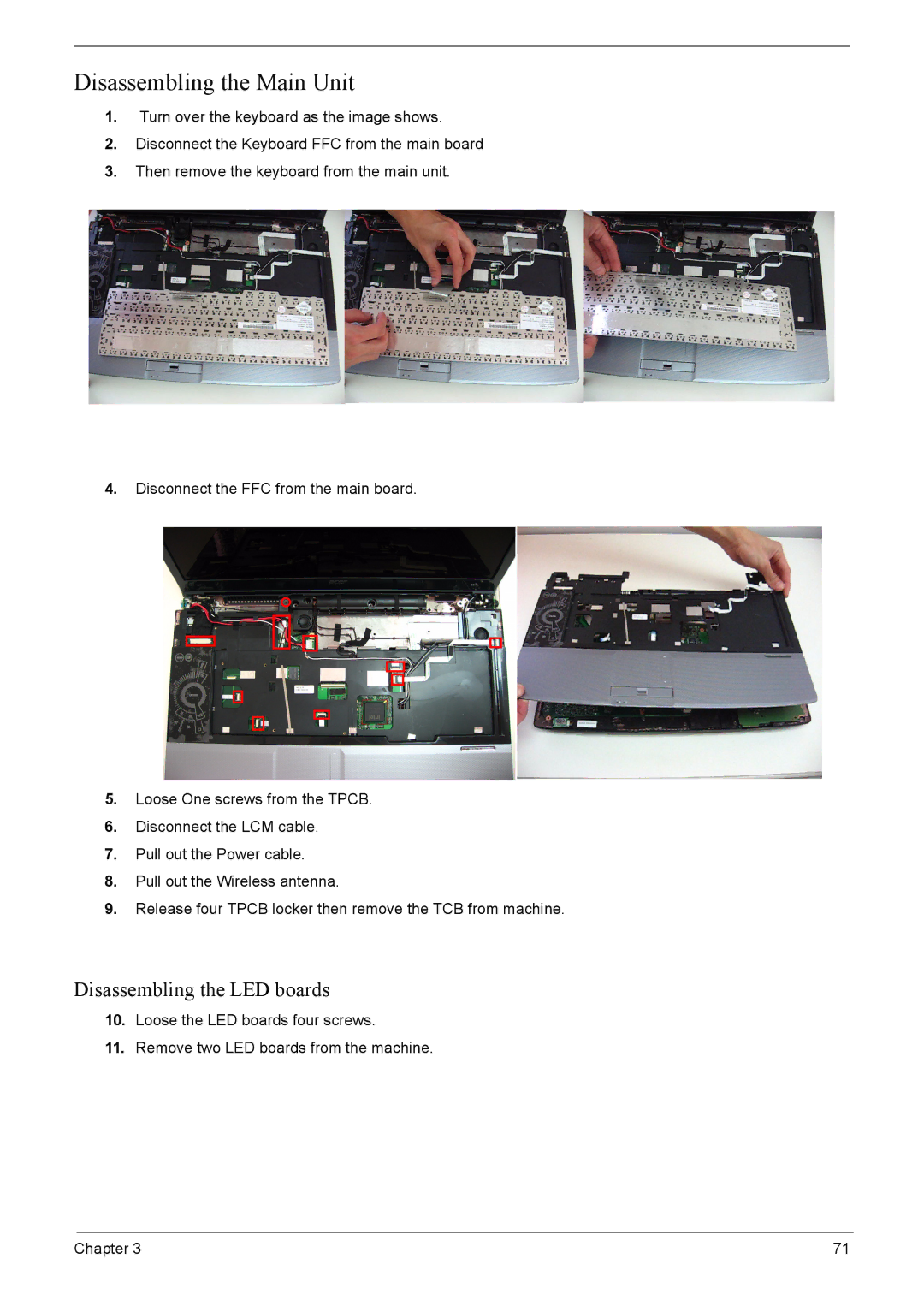 Acer 8920 manual Disassembling the Main Unit, Disassembling the LED boards 