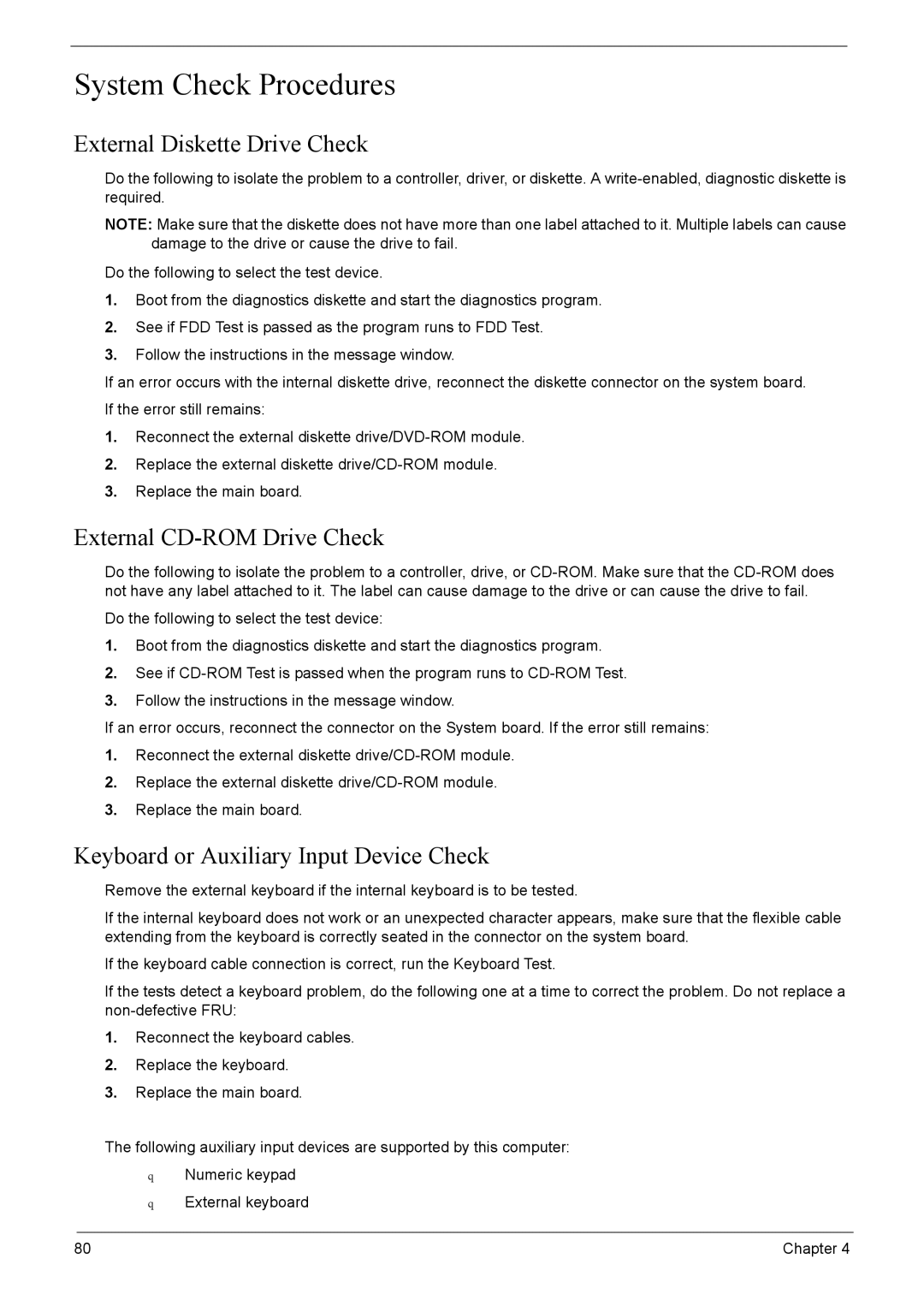 Acer 8920 manual System Check Procedures, External Diskette Drive Check, External CD-ROM Drive Check 