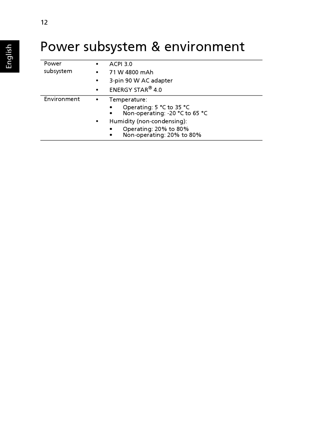 Acer 8930 Series, 8930Q, 8930G manual Power subsystem & environment, Energy Star 