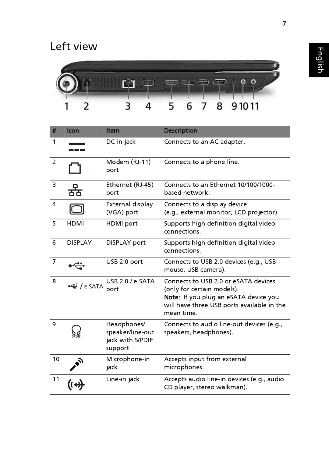 Acer 8930Q, 8930 Series, 8930G manual Left view, Icon Description 