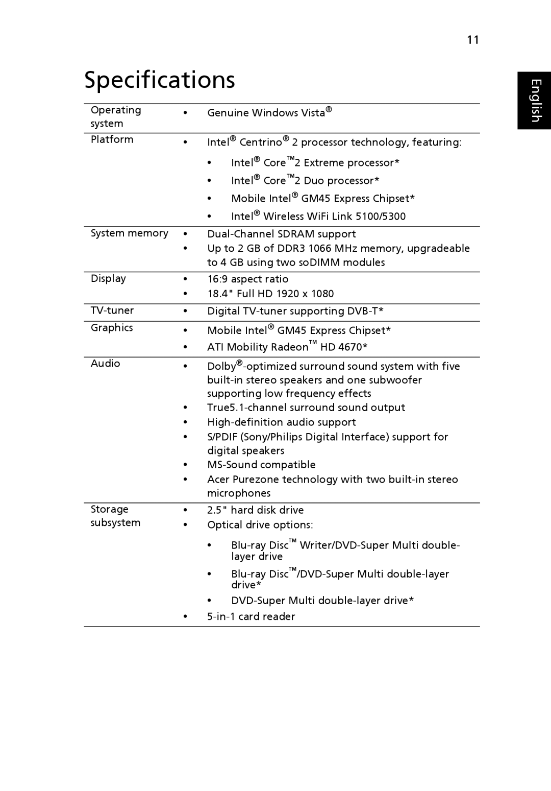 Acer 8935 Series manual Specifications 