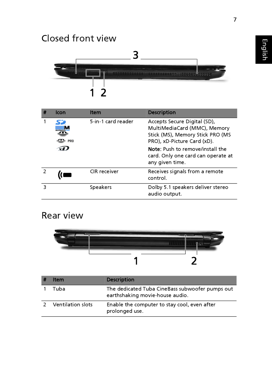 Acer 8935 Series manual Closed front view, Rear view 