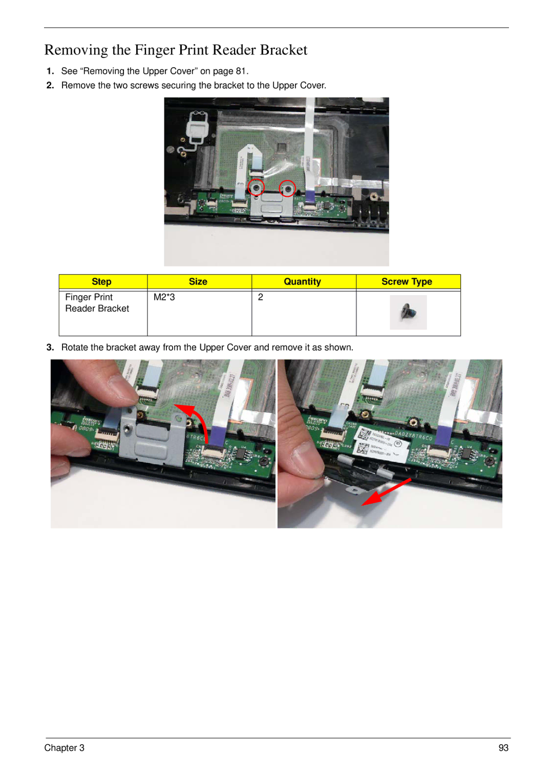 Acer 8935G manual Removing the Finger Print Reader Bracket 