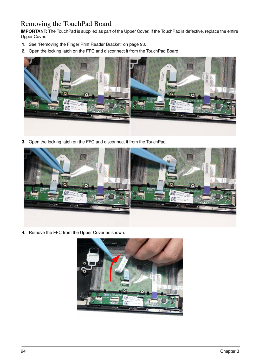 Acer 8935G manual Removing the TouchPad Board 