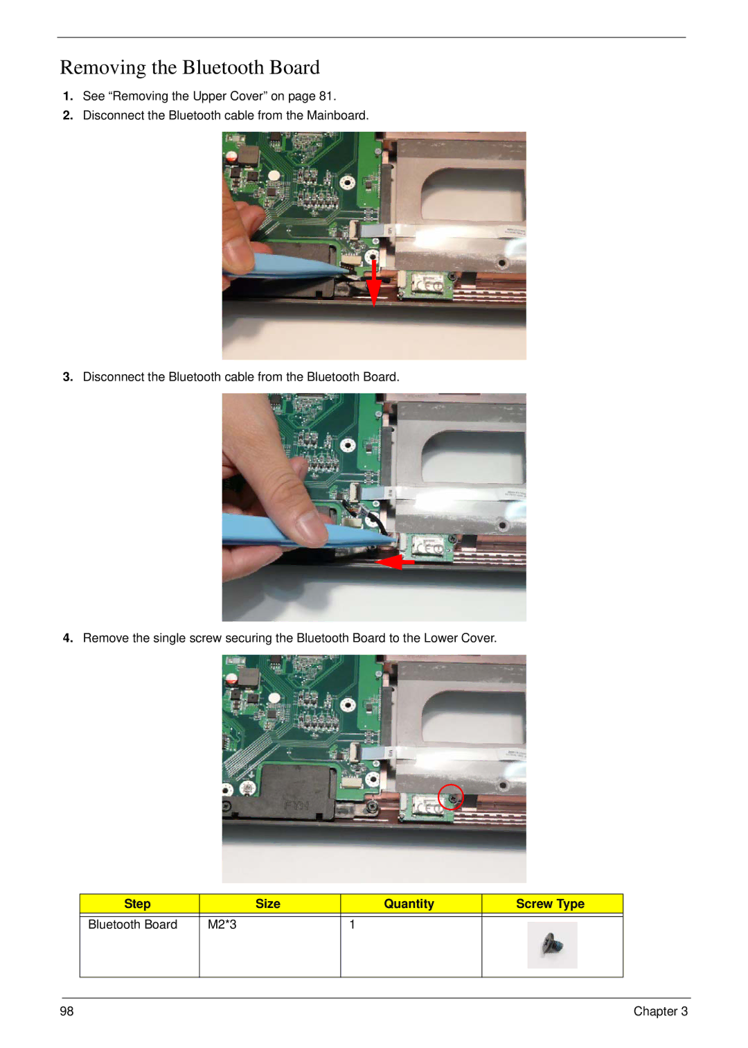 Acer 8935G manual Removing the Bluetooth Board, Step Size Quantity Screw Type Bluetooth Board M2*3 