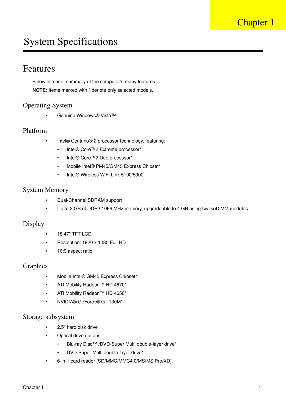 Acer 8935G manual Chapter, Features, Below is a brief summary of the computer’s many features, Genuine Windows Vista 