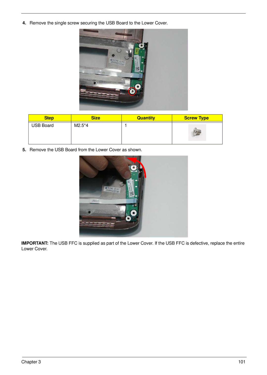 Acer 8935G manual Step Size Quantity Screw Type USB Board M2.5*4 