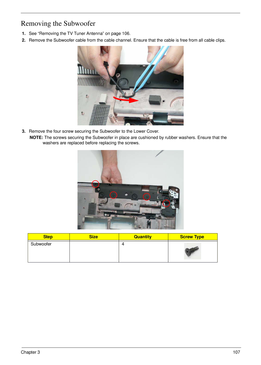 Acer 8935G manual Removing the Subwoofer, Step Size Quantity Screw Type Subwoofer 