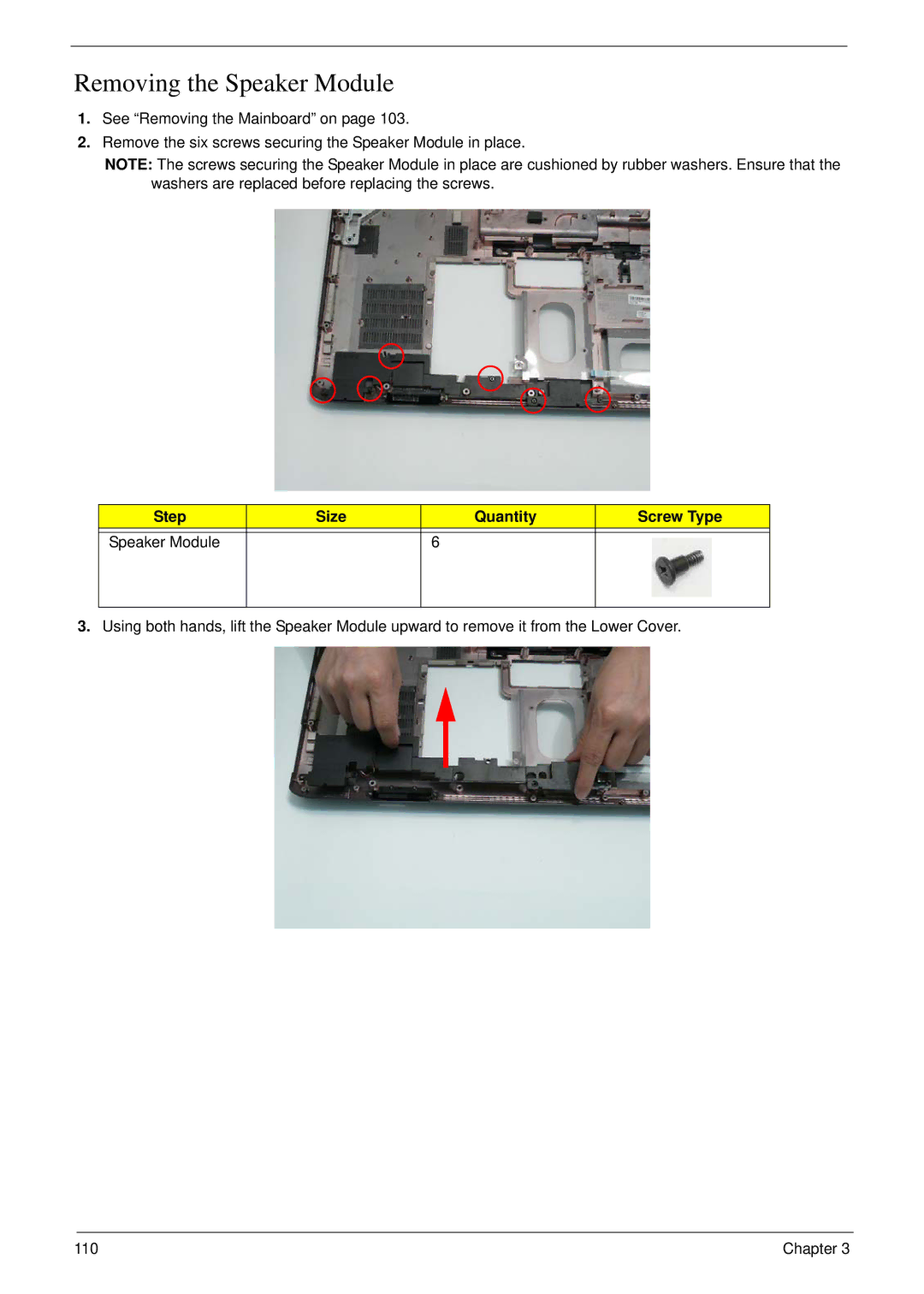 Acer 8935G manual Removing the Speaker Module, Step Size Quantity Screw Type Speaker Module 