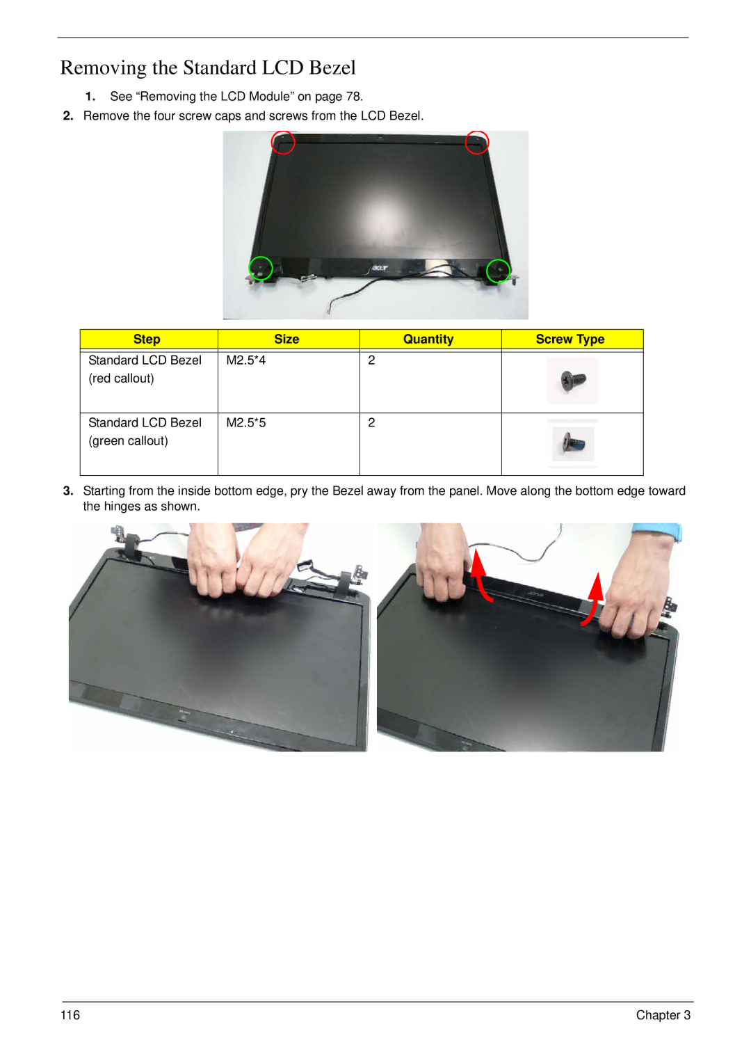 Acer 8935G manual Removing the Standard LCD Bezel, Step Size Quantity Screw Type 