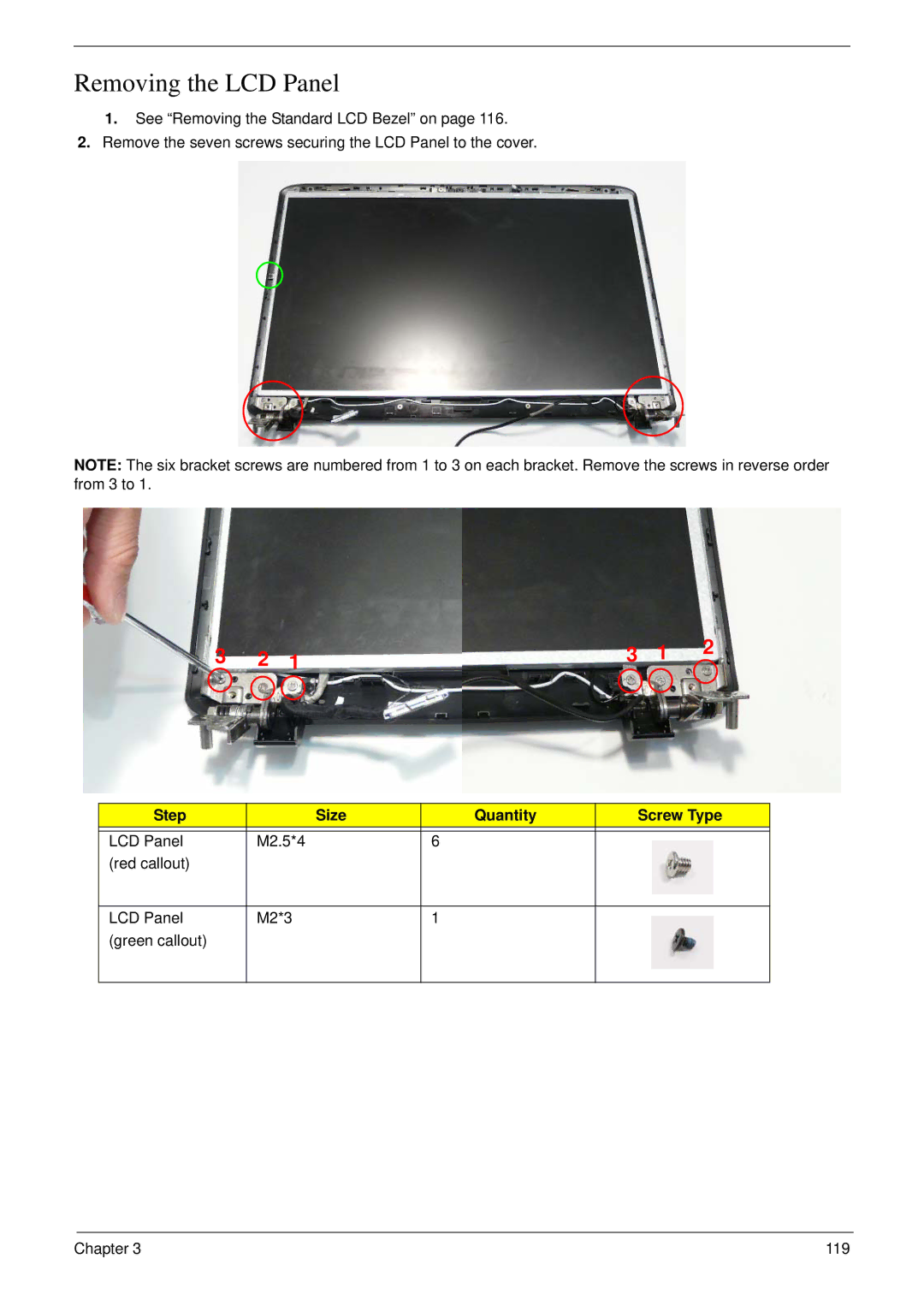 Acer 8935G manual Removing the LCD Panel, LCD Panel M2.5*4 Red callout M2*3 Green callout 