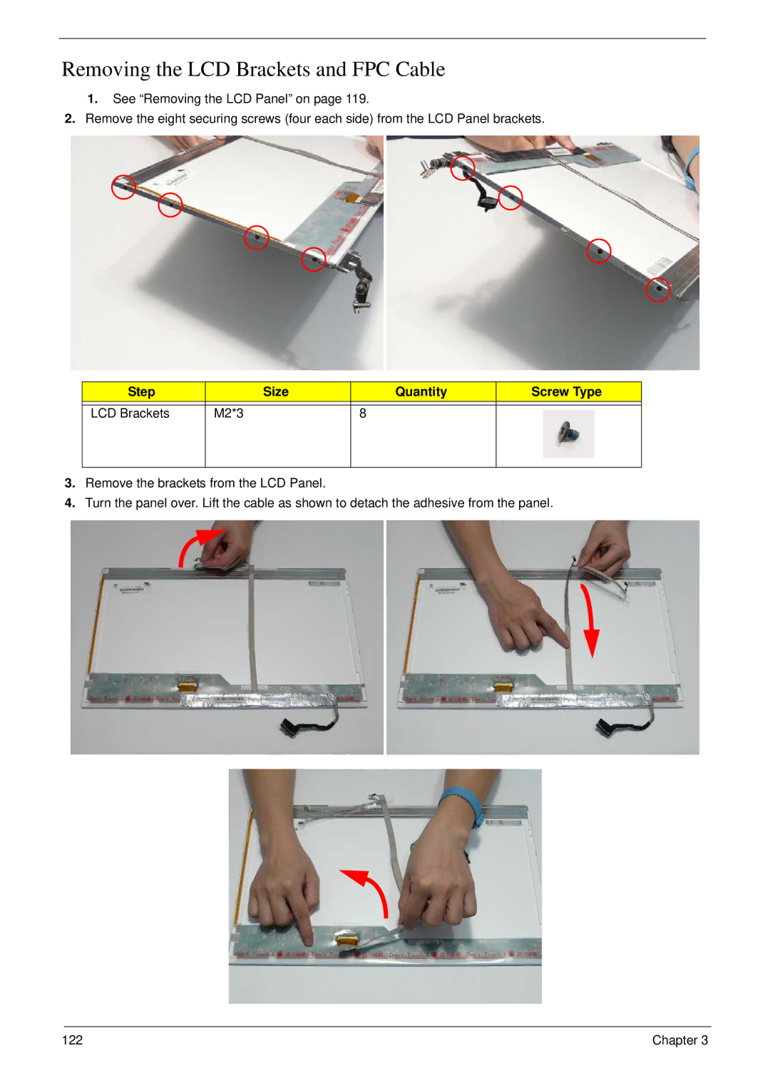 Acer 8935G manual Removing the LCD Brackets and FPC Cable, Step Size Quantity Screw Type LCD Brackets M2*3 