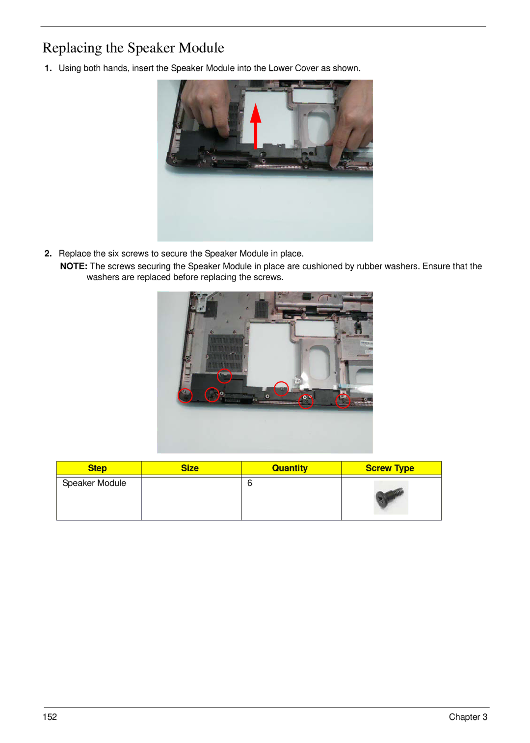 Acer 8935G manual Replacing the Speaker Module, Step Size Quantity Screw Type Speaker Module 