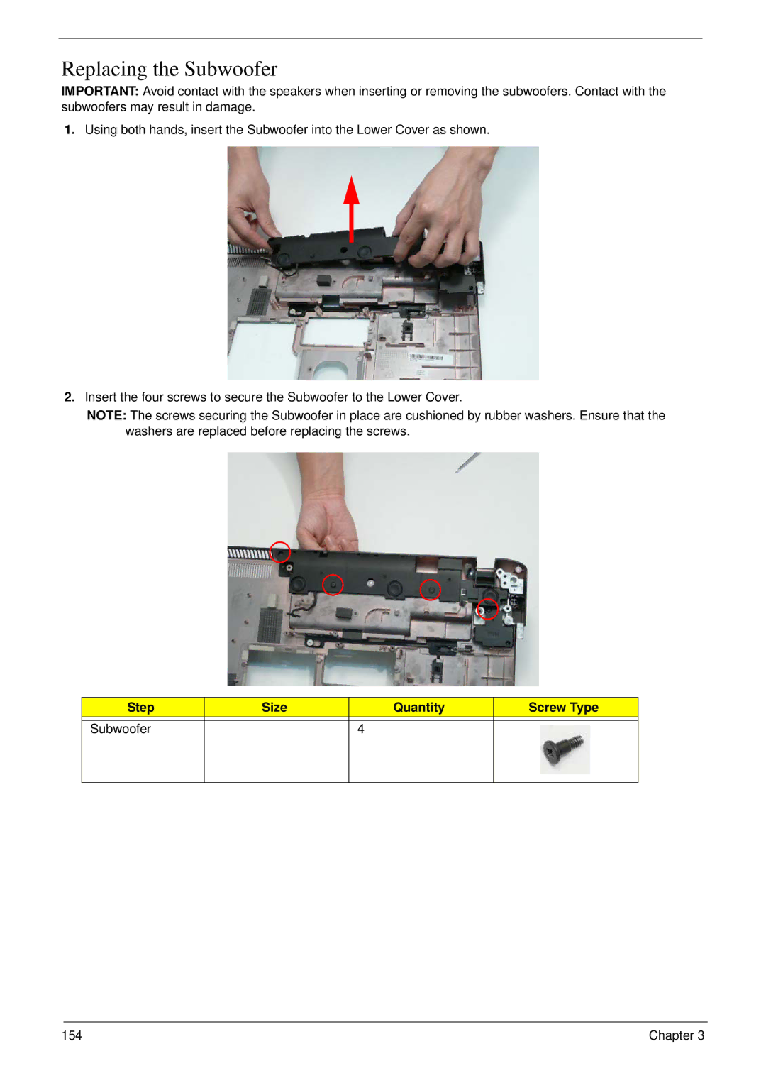 Acer 8935G manual Replacing the Subwoofer, Step Size Quantity Screw Type Subwoofer 